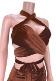 Summer Brown Sexy Wrap Halter Crop Top and Mini Skirt Set