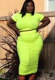 Summer Plus Size Green Sexy Ruched Crop Top and Long Skirt Set