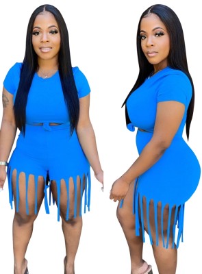 Summer Blue Sexy Crop Top and Fringe Shorts 2pc Matching Set