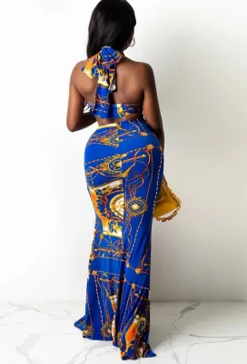 Summer Retro Print Blue Halter Wrap Crop Top and Long Skirt Set