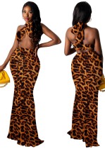 Summer Print Leopard Halter Wrap Crop Top and Long Skirt Set