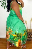 Summer Plus Size Casual Print Green Strap Long Dress