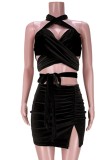 Summer Black Sexy Wrap Halter Crop Top and Mini Skirt Set