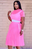Summer Pink 3 Piece Mesh Crop Top and Long Skirt Set with Bodysuit