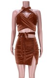 Summer Brown Sexy Wrap Halter Crop Top and Mini Skirt Set