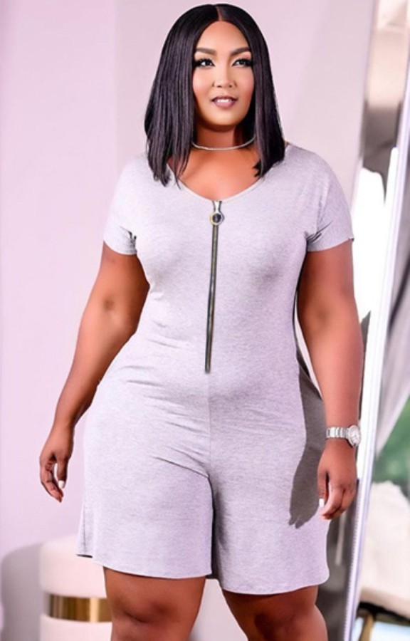 Summer Plus Size Casual Grey Zipper Rompers