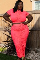 Summer Plus Size Pink Sexy Ruched Crop Top and Long Skirt Set