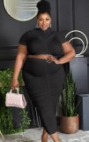 Summer Plus Size Black Sexy Ruched Crop Top and Long Skirt Set