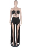Summer Black Lace-Up Bandeau Top and Slit Long Skirt Set