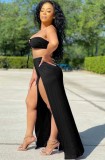 Summer Black Lace-Up Bandeau Top and Slit Long Skirt Set