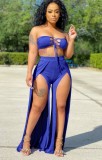 Summer Blue Lace-Up Bandeau Top and Slit Long Skirt Set