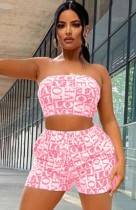 Summer Print Pink Strapless Crop Top and Shorts Set