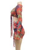 Summer Print Red Long Sleeve Knotted Crop Top and Mini Skirt Set