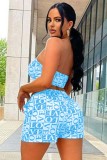 Summer Print Blue Strapless Crop Top and Shorts Set
