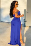 Summer Blue Lace-Up Bandeau Top and Slit Long Skirt Set