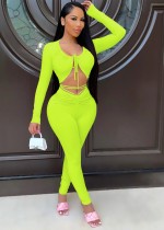 Summer Green Sexy Long Sleeve Crop Top and Pants Set