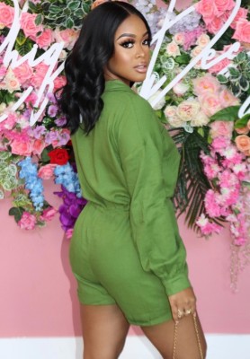 Summer Casual Green Long Sleeve Cargo Rompers