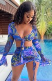 Summer Print Blue Long Sleeve Knotted Crop Top and Mini Skirt Set
