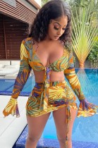Summer Print Yellow Long Sleeve Knotted Crop Top and Mini Skirt Set