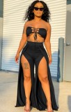 Summer Black Lace-Up Bandeau Top and Slit Long Skirt Set