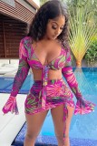 Summer Print Pink Long Sleeve Knotted Crop Top and Mini Skirt Set