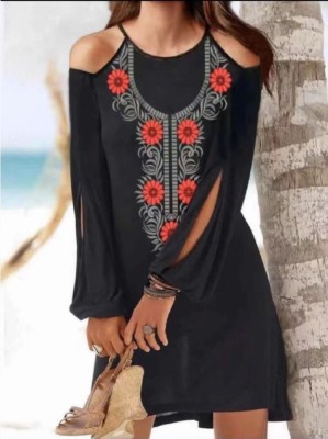 Summer Print Black Cut Out Shoulder Slit Sleeves Boho Shirt Dress