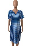 Summer Plus Size Casual Stripes Blue Shirt Dress