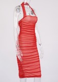 Summer Formal Red Halter Ruched Midi Dress