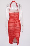 Summer Formal Red Halter Ruched Midi Dress