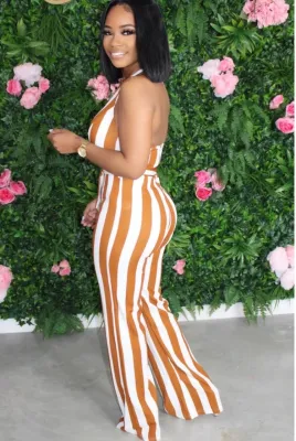 Summer White and Yellow Stripes Halter Jumpsuit