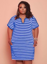 Summer Plus Size Casual Stripes Blue Shirt Dress