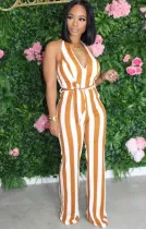 Summer White and Yellow Stripes Halter Jumpsuit