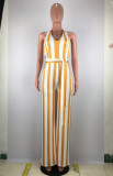 Summer White and Yellow Stripes Halter Jumpsuit
