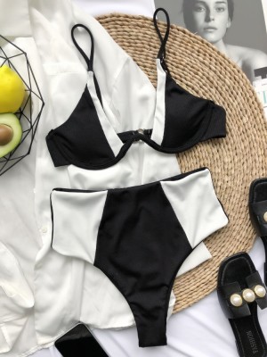 White and Black Two Piece High Waist Strap Swimwear