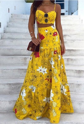 Summer Formal Yellow Floral Strap Crop Top and High Waist Long Skirt 2PC Set