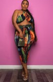 Summer Plus Size Sexy Print Wrap Halter Crop Top and Pants Set