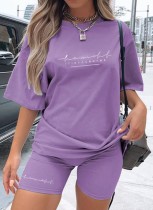 Summer Casual Purple Print Shirt and Biker Shorts 2PC Set