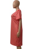 Summer Plus Size Casual Stripes Red Shirt Dress