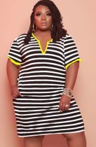 Summer Plus Size Casual Stripes Black Shirt Dress