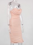 Summer Formal Pink Strapless Ruched Midi Dress