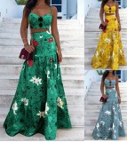 Summer Formal Green Floral Strap Crop Top and High Waist Long Skirt 2PC Set