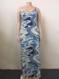 Summer Plus Size Casual Print Blue Strap Long Maxi Dress