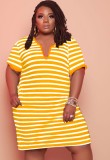 Summer Plus Size Casual Stripes Yellow Shirt Dress