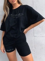 Summer Casual Black Print Shirt and Biker Shorts 2PC Set