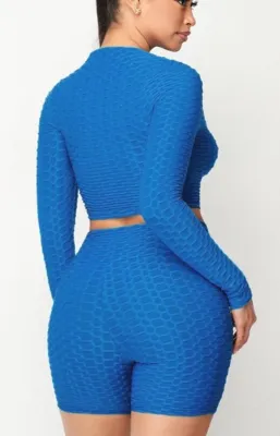 Summer Blue Waffle Long Sleeve Crop Top and Biker Shorts 2PC Set