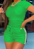 Summer Casual Green Matching Shirt and Shorts 2 Piece Set