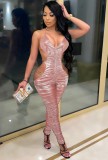 Summer Sexy Cut Out Pink Metallic Halter Ruched Jumpsuit