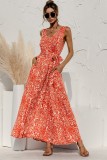 Summer Casual Print Orange Sleeveless V-Neck Long Dress