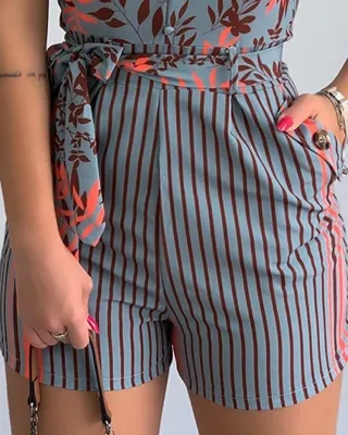 Summer Casual Floral Strap Rompers with Matching Belt