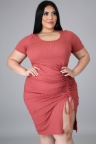 Summer Plus Size Pink Ruched Strings Bodycon Dress